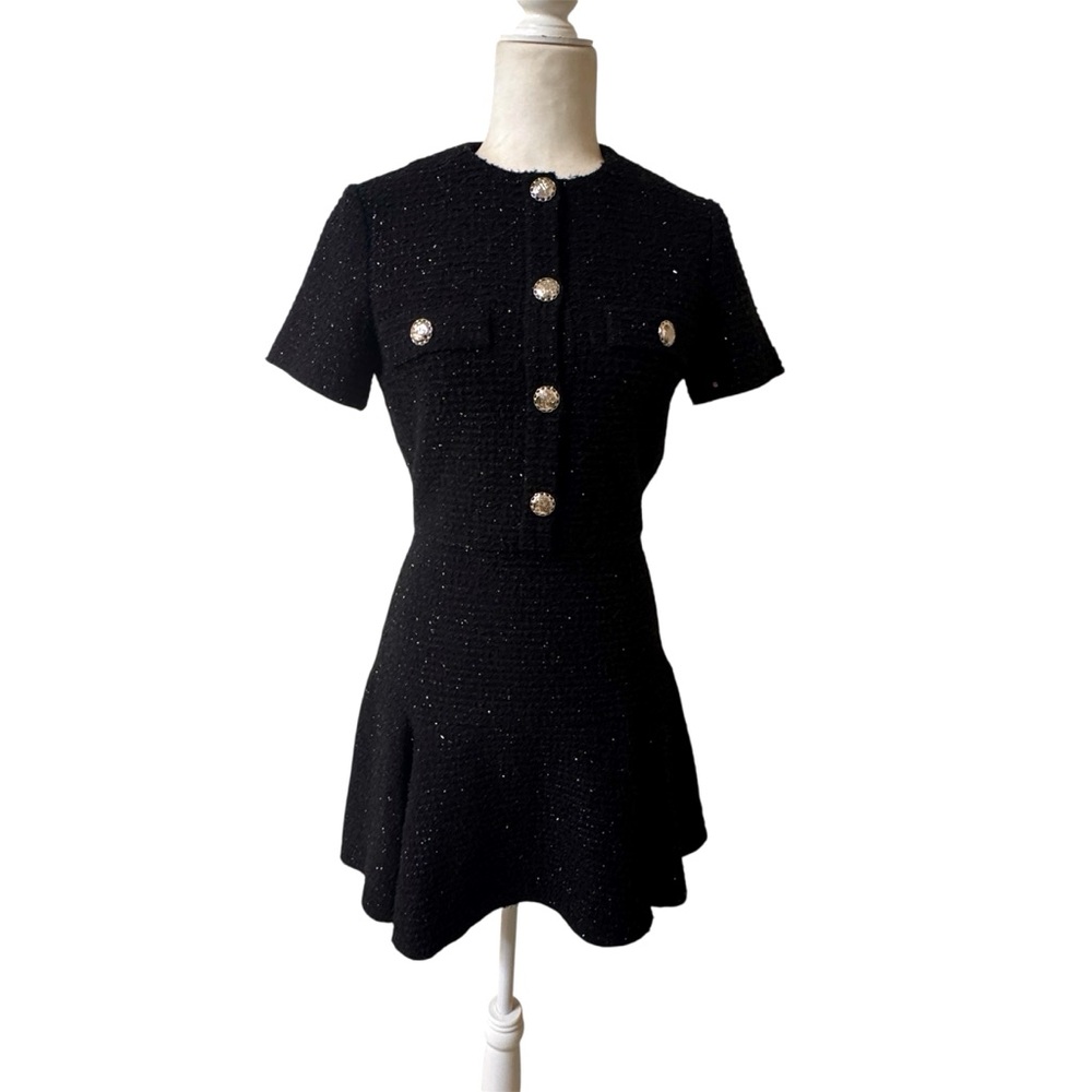 Maje Black Mini Dress with Gold Buttons